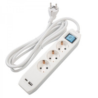 Prelungitor cu USB Spacer PP-3-30-TC-USB, Schuko x 3, Type-C x1, USB 3.1A x 1,  cablu 3m, 16A, max. 3500W, protectie copii, intrerupator, gri