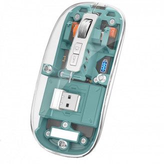 Mouse Nou M133, 2400dpi, 5 Butoane, Indicator Nivel Baterie, Transparent, Verde, Wireless + Bluetooth