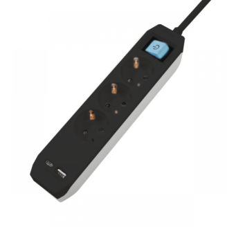 Prelungitor cu USB Spacer PP-3-30B-TC-USB, Schuko x 3, Type-C x1, USB 3.1A x 1,  cablu 3m, 16A, max. 3500W, protectie copii, intrerupator, Negru