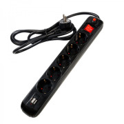Prelungitor Spacer PP-5-18B-USB, USB 2.1 Quick Charge x 2, Schuko x 5, cablu 1.8m, 16A, protectie copii, protectie supratensiune, negru